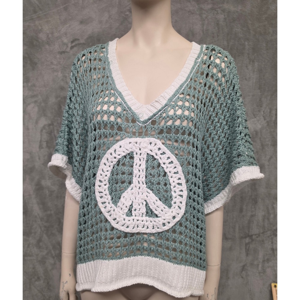 POL Crochet Open-Knit Pullover Sweater Peace Sign Boxy Boho Hippie Oversized Med